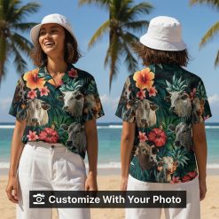cow hawaiian shirt with cows and hibiscus worn by woman at beach sunset