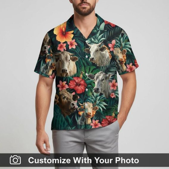 cow hawaiian shirt with tropical leaves worn by man under twilight sky