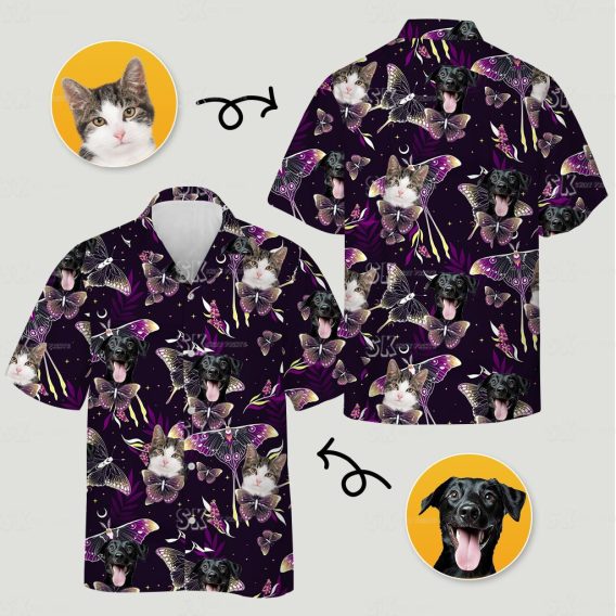 Custom black cat hawaiian shirt displaying cats dogs butterflies stars and leaves on dark fabric