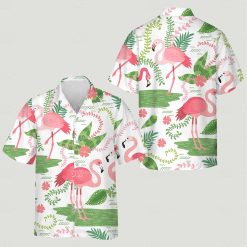 Button-up featuring custom cat hawaiian shirt pattern with pink flamingos and leaves