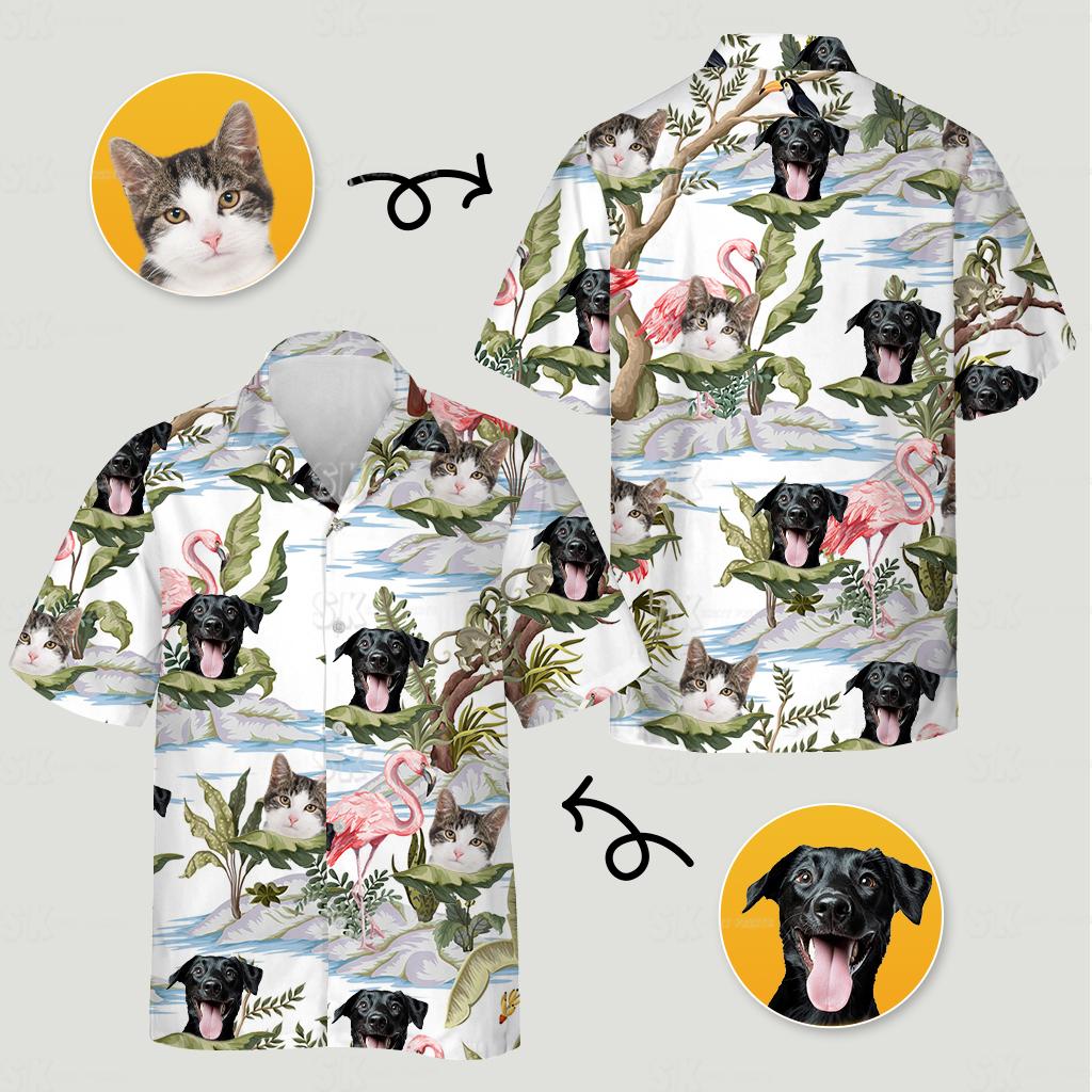 Custom cat hawaiian shirt pattern featuring cat and black dog with tropical leaves flamingos