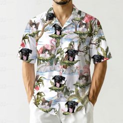 Hawaiian shirt face print displaying dogs with tongues cats peeking through tropical plant foliage