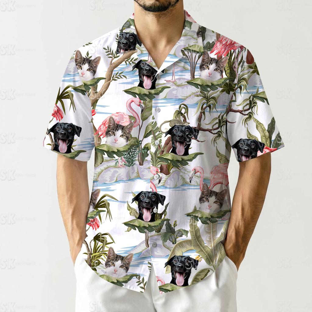 Hawaiian shirt face print displaying dogs with tongues cats peeking through tropical plant foliage