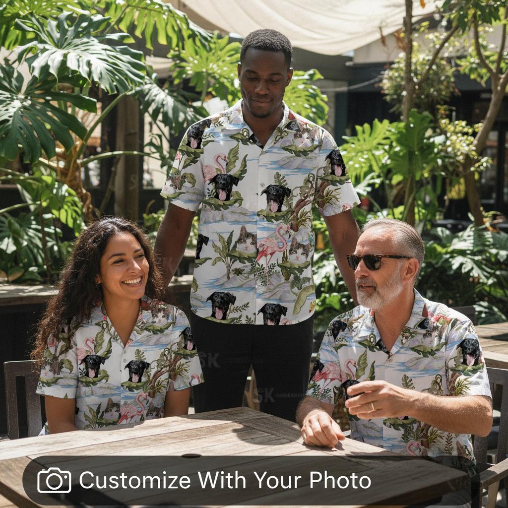 Family group wearing matching custom cat hawaiian shirts outdoor restaurant patio setting Family group wearing matching custom cat hawaiian shirts at outdoor restaurant patio tropical plants