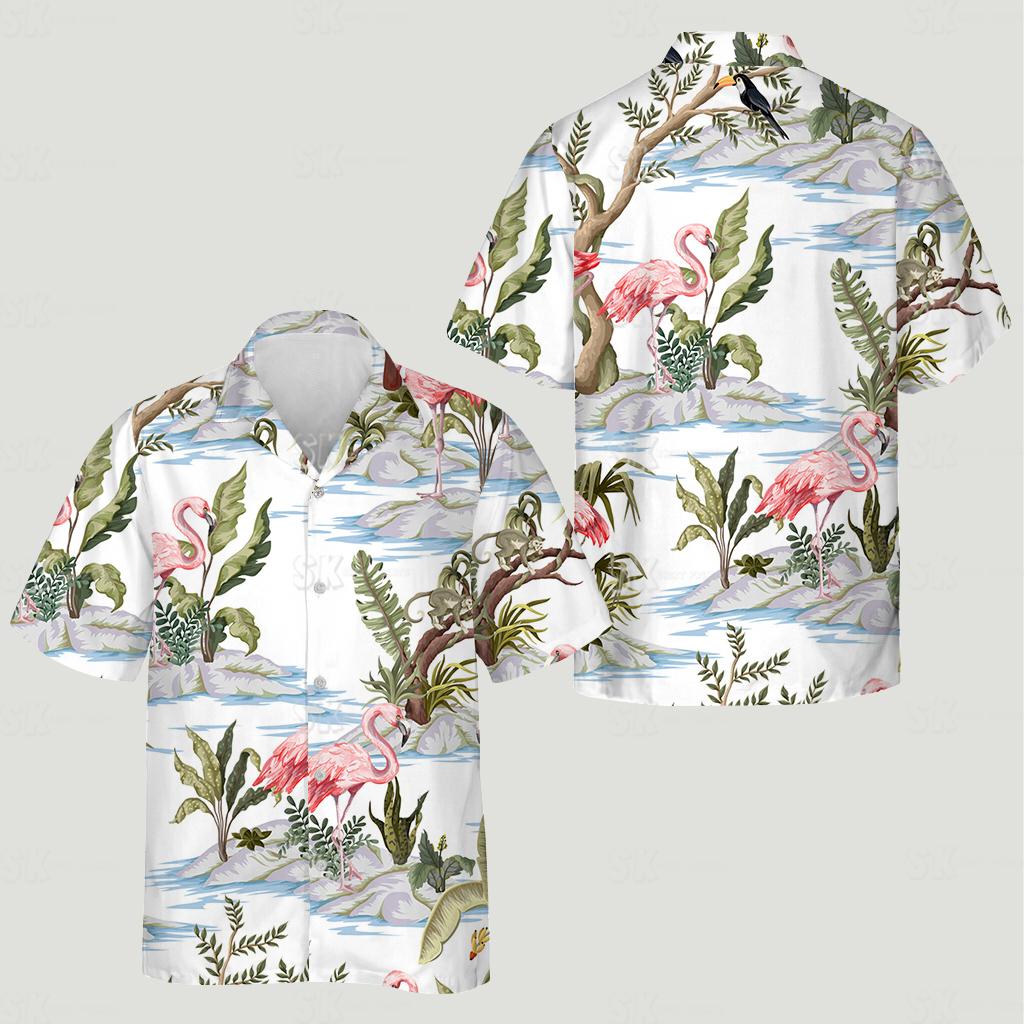 Cat hawaiian shirt displaying tropical scene with pink flamingos green plants water waves background