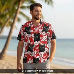 custom cat hawaiian shirt with black cat faces and hibiscus flowers worn by man beach