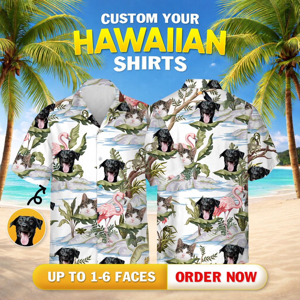 Pet hawaiian shirt pattern showing custom cat dogs flamingos tropical plants water foliage design