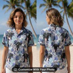 custom dog face hawaiian shirt with blue leaves worn by woman at beach
