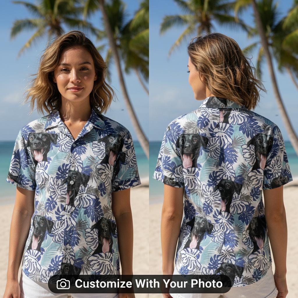 Custom Dog Face Hawaiian Shirt - Your Pup All Over Tropical Leaves ALT: dog face on hawaiian shirt styling ideas beach casual office wear - hawaiian shirt with dog face