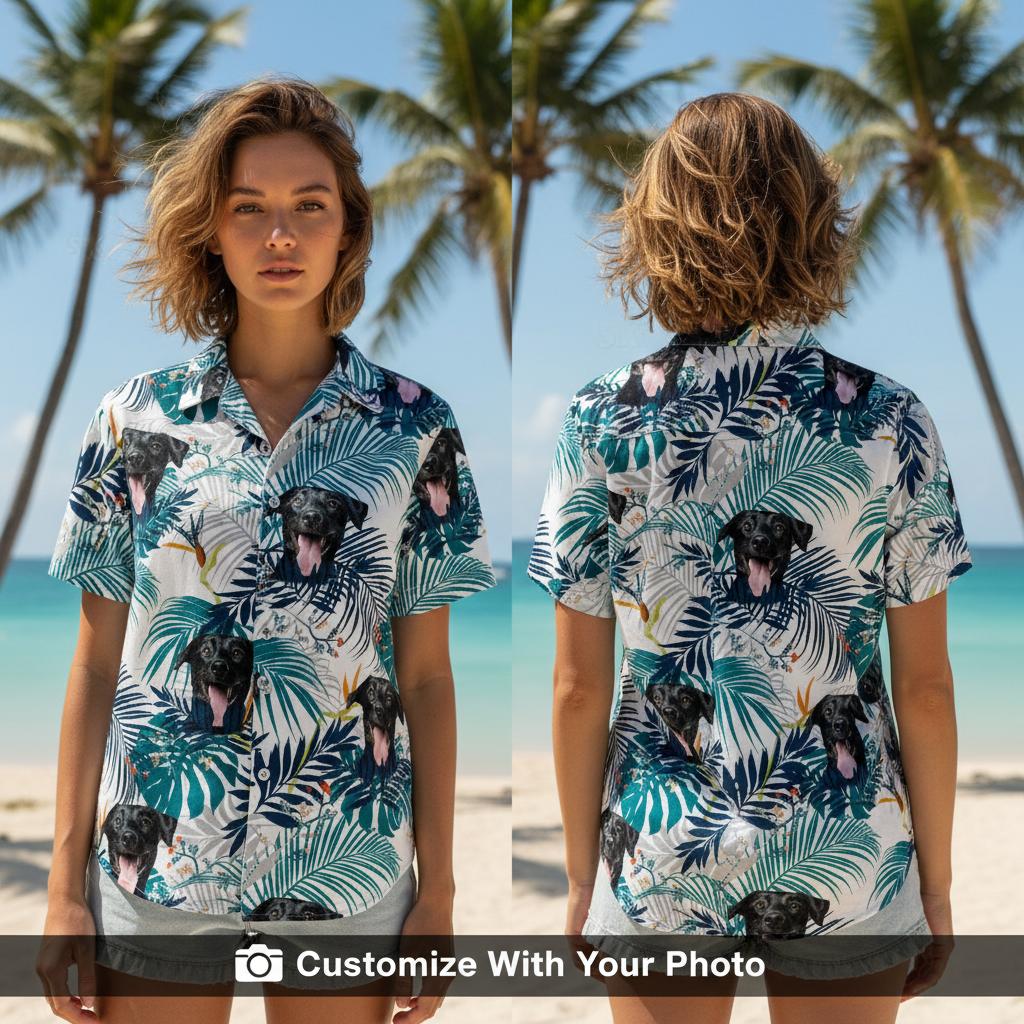 custom dog hawaiian shirt white tropical leaves woman wearing pet face pattern