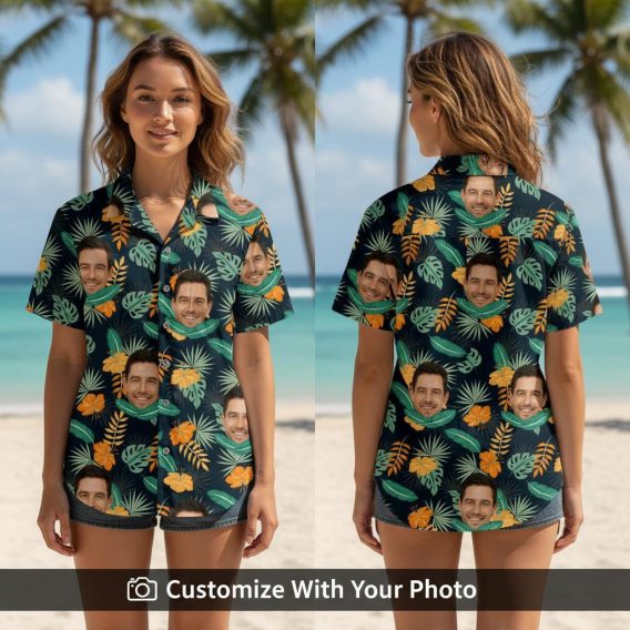 Woman wearing floral Hawaiian shirt with custom faces, orange flowers, and green leaves