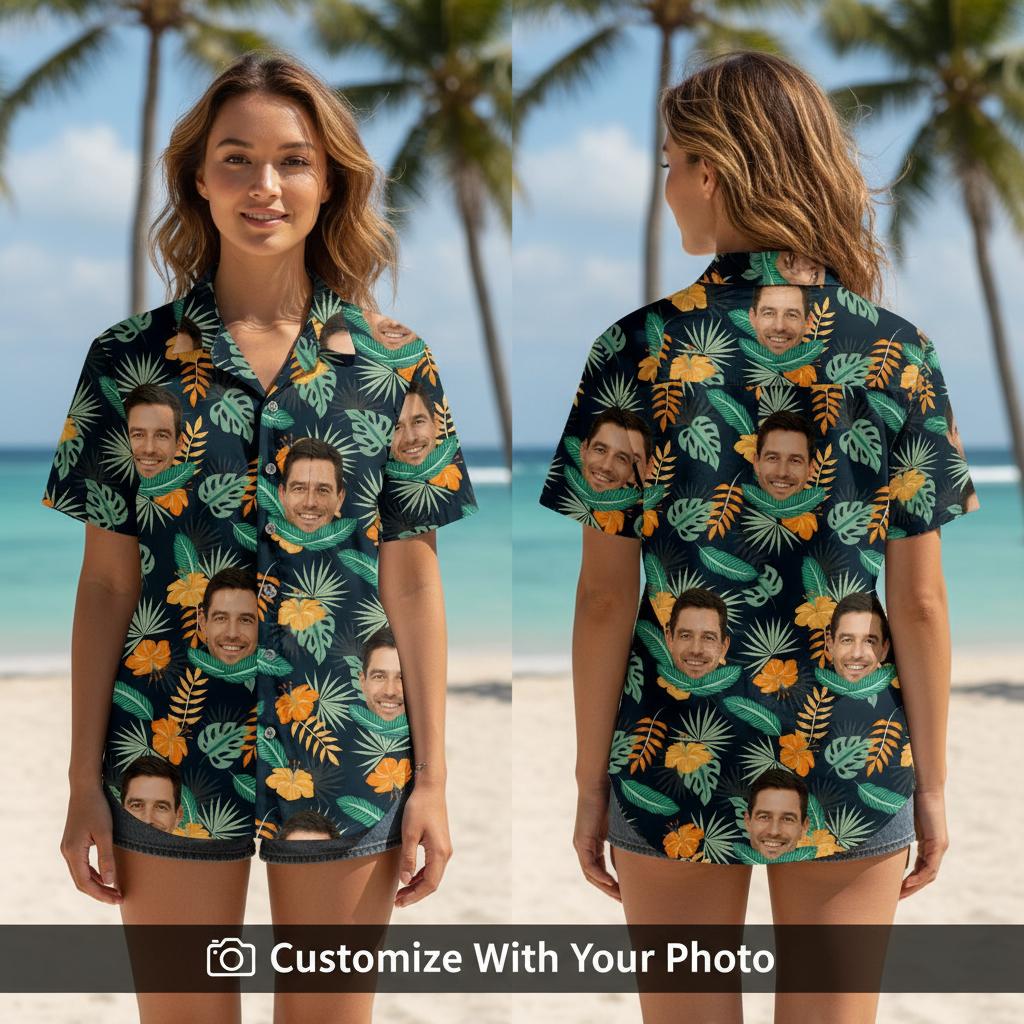 Woman wearing floral Hawaiian shirt with custom faces, orange flowers, and green leaves