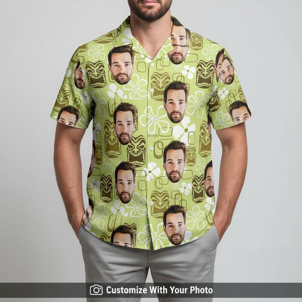 Hawaiian shirt with custom face print earthy pattern worn by man at golden hour beach