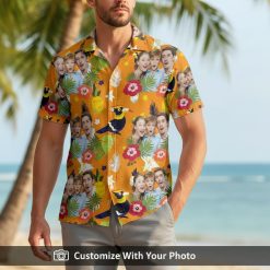 custom family face hawaiian shirt orange with flowers and birds on man at party