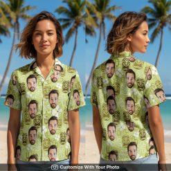 Hawaiian shirt with custom face print in green and brown worn by woman at sunset beach