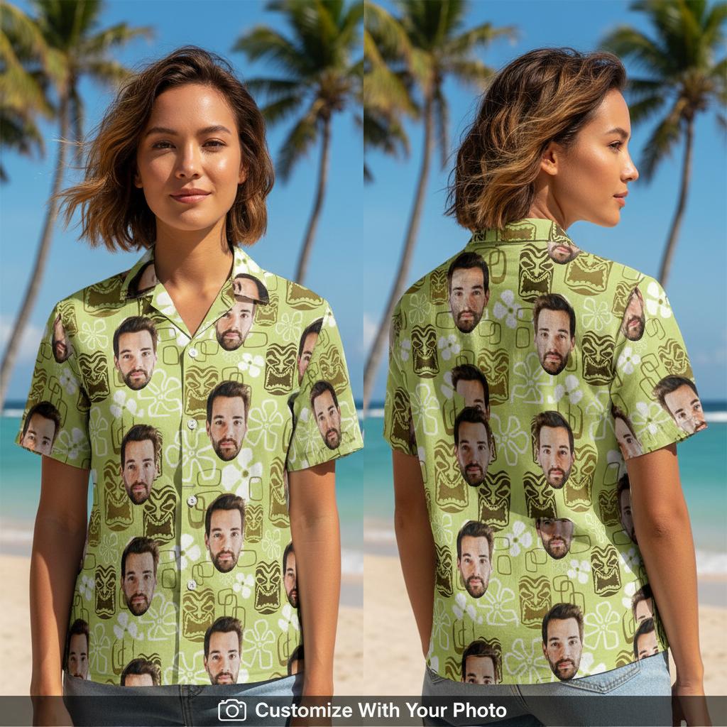 Hawaiian shirt with custom face print in green and brown worn by woman at sunset beach