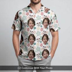 Hawaiian shirt with custom kid face print worn by man among pastel flowers at beach