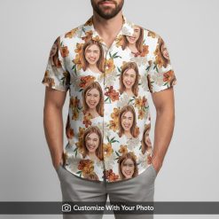 Hawaiian shirt with custom face print worn by man, earthy tones, green flowers, beach