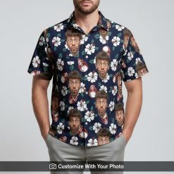 Hawaiian shirt with custom face print, hibiscus flowers, worn by man on beach at dusk