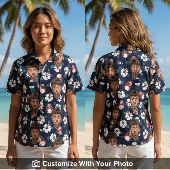 Hawaiian shirt with custom face print, white hibiscus, worn by woman at sunset beach
