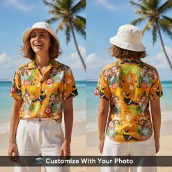custom family face hawaiian shirt orange with tropical leaves on woman at beach