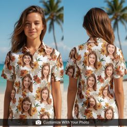Hawaiian shirt with custom face print worn by woman, orange and green, sunset beach
