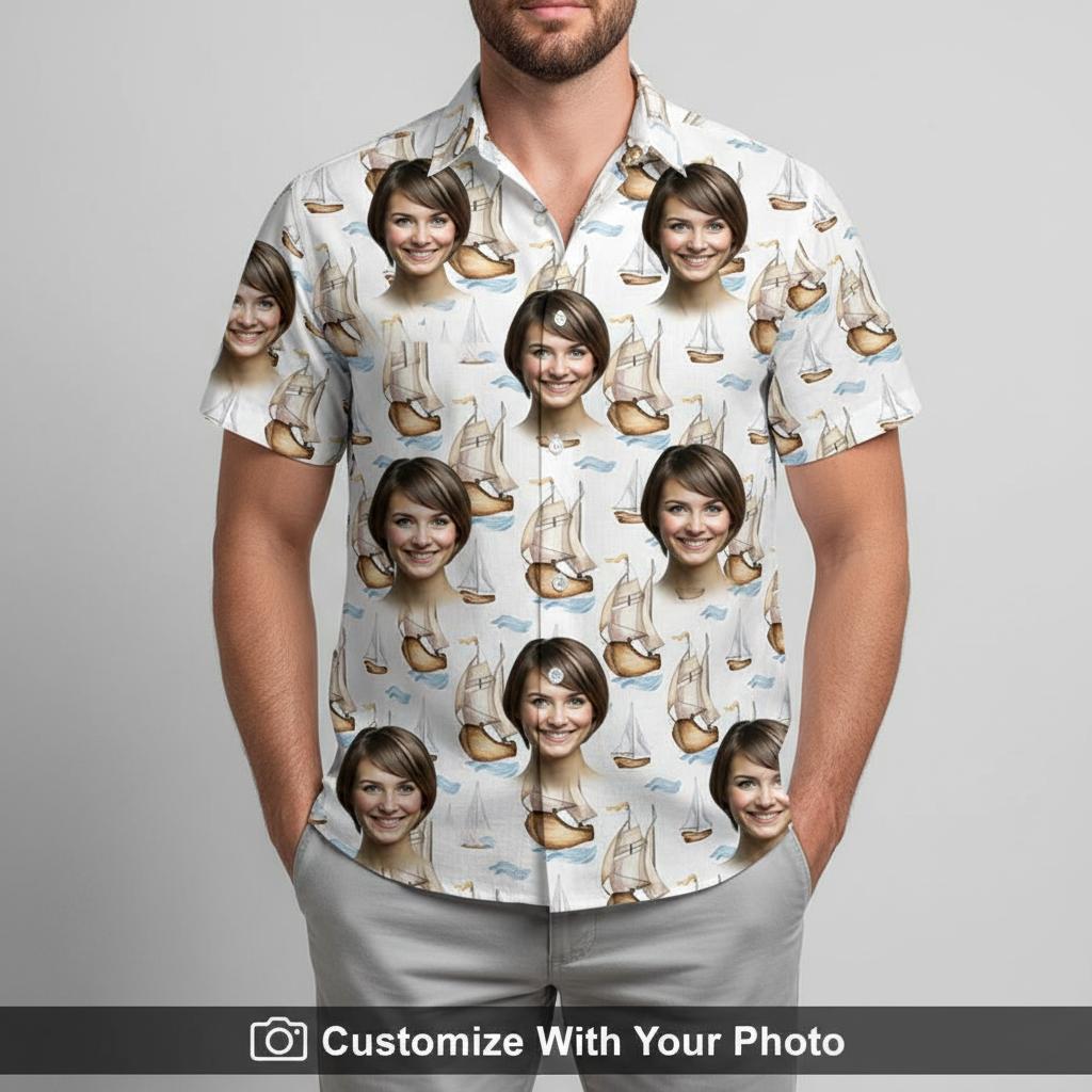 Hawaiian shirt with custom face print worn by man, sailboats, light blue tones, seaside