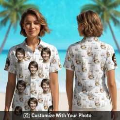 Hawaiian shirt with custom face print worn by woman, sailboats and blues at sunset beach