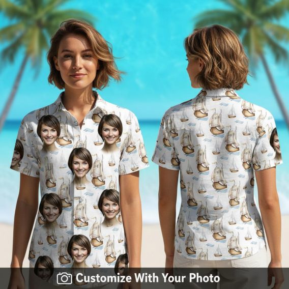Hawaiian shirt with custom face print worn by woman, sailboats and blues at sunset beach