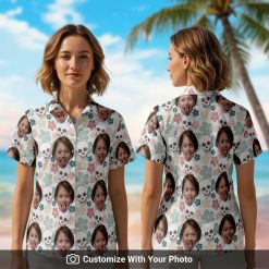 Hawaiian shirt with custom kid face print worn by woman at sunset beach party