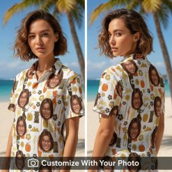 Hawaiian shirt with custom face print worn by woman by palm trees at sunset