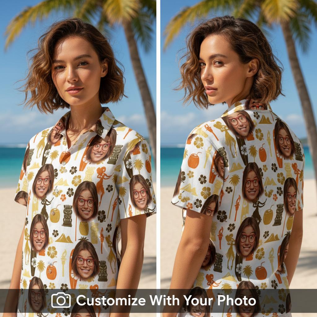 Hawaiian shirt with custom face print worn by woman by palm trees at sunset