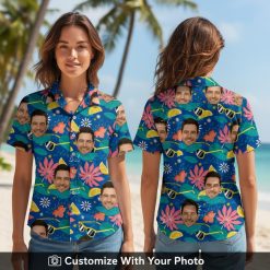 Woman wearing a custom face Hawaiian shirt with blue, pink, and green tropical print
