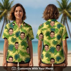 Woman wearing vibrant yellow green Hawaiian shirt with custom face and palm leaf pattern
