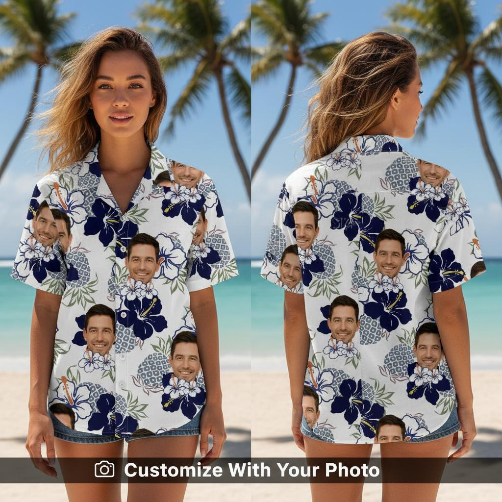Woman wearing custom face Hawaiian shirt with blue hibiscus flowers and green leaves