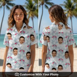 Woman wearing custom flamingo aloha shirt with multiple faces, light blue and pink pattern