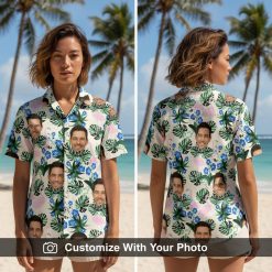 Woman wearing custom flamingo Hawaiian shirt with faces, green leaves, blue flowers