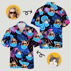 Custom hawaiian fruit shirt displaying portraits with sunglasses cat faces blue citrus slices butterflies