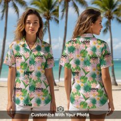 Woman wearing custom Hawaiian shirt with green palm leaves and pink flowers outdoors