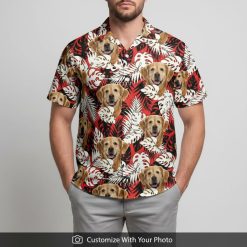 custom hawaiian shirt with dog face print, red foliage, man, golden hour beach
