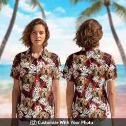 custom hawaiian shirt with dog faces, red black white foliage, woman, beach