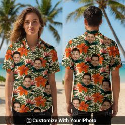 Woman poses in a custom Hawaiian shirt with face design, orange flowers and green leaves.