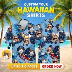 Woman face with sunglasses cat monster trucks printed across blue tire pattern