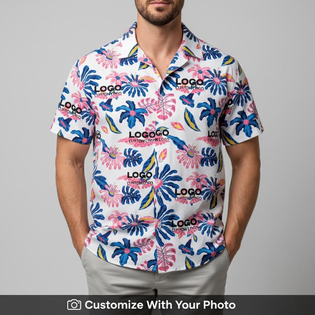 custom company logo hawaiian shirts - business logo blue pink tropical man