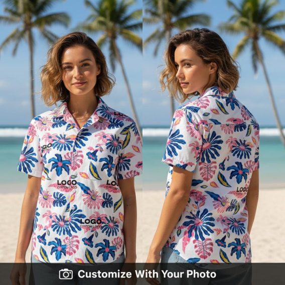 Woman wearing personalized Hawaiian shirt with blue and pink tropical leaves and flowers