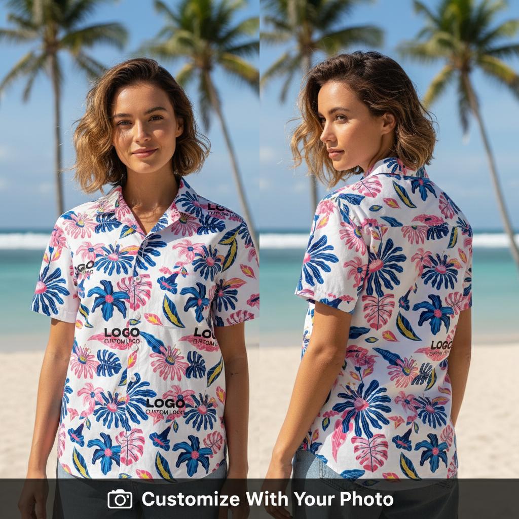 custom company logo hawaiian shirts - business logo tropical floral pattern woman