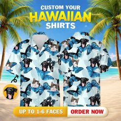 Full mens hawaiian cat shirt pattern showing dogs, cats, blue butterflies, light leaf shapes