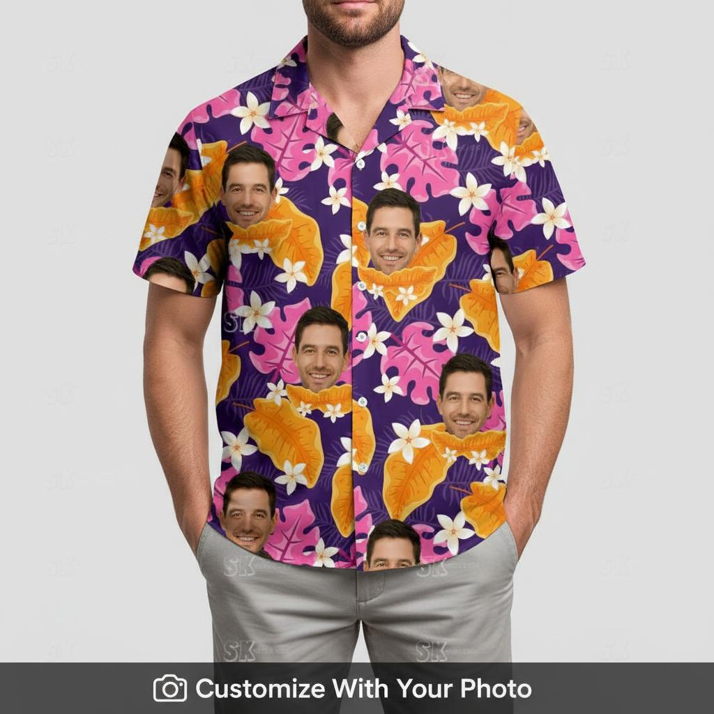 Man in personalized Hawaiian shirt featuring colorful face and tropical leaves design