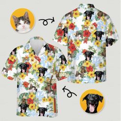 Custom mens tropical short sleeve shirts featuring cat and dog photos with hibiscus flowers