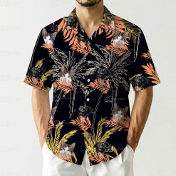 Dark mens cotton hawaiian shirts featuring cat dog faces surrounded by orange yellow palm fronds